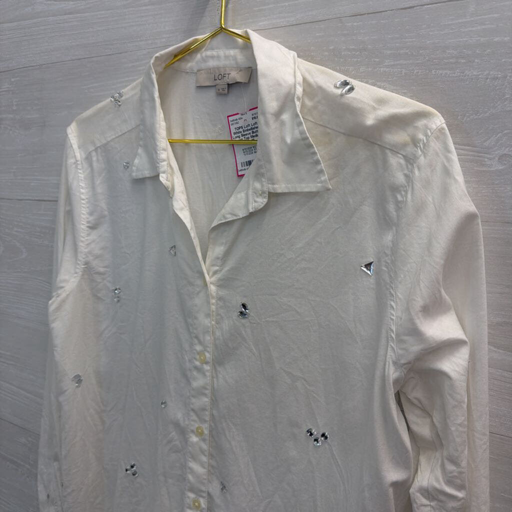Loft White Embellished Long Sleeve Button Down Top Medium