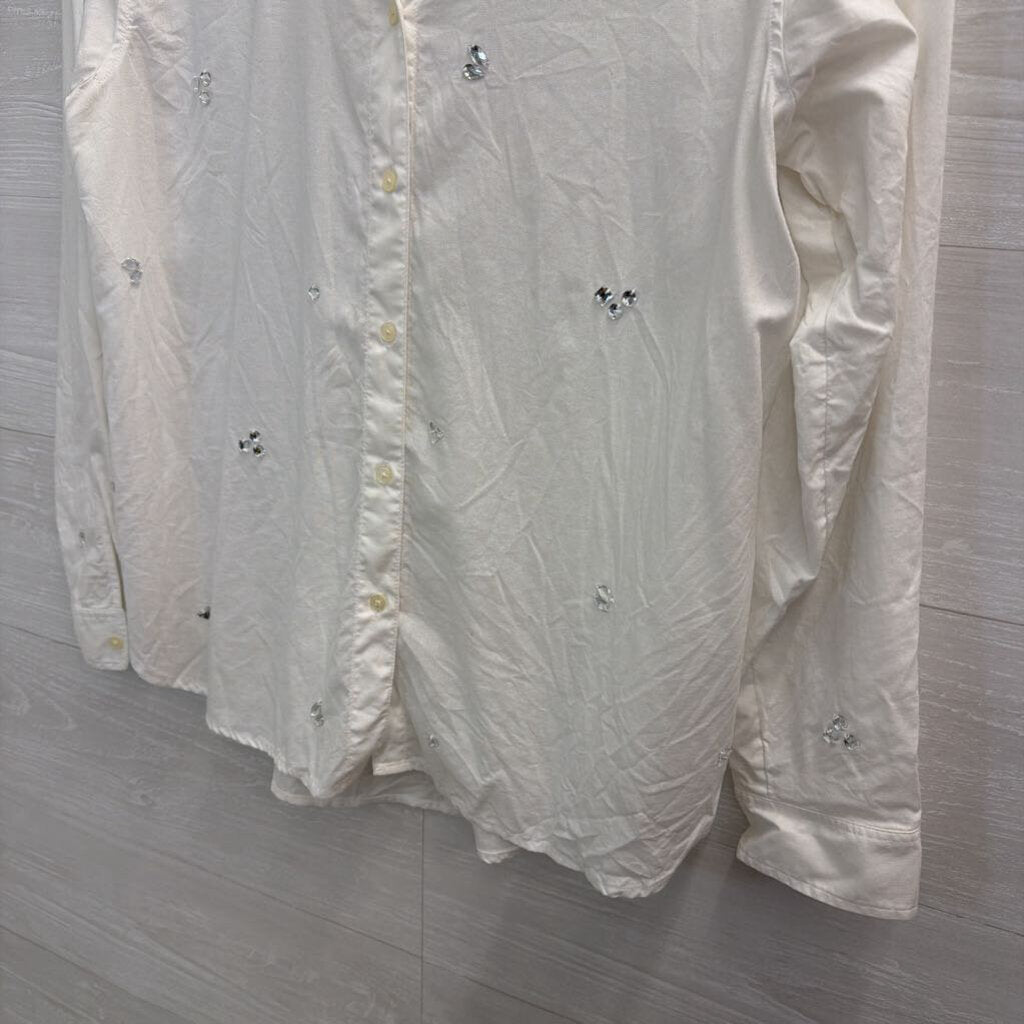 Loft White Embellished Long Sleeve Button Down Top Medium