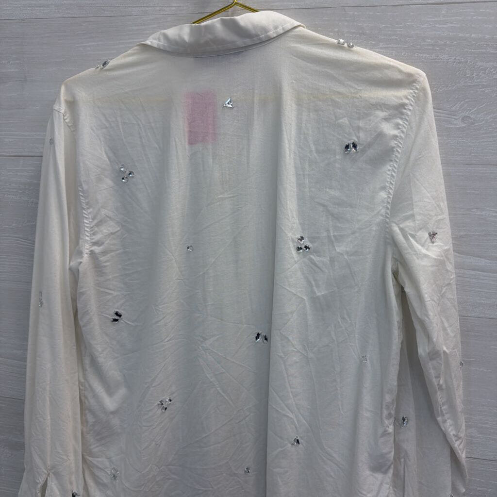 Loft White Embellished Long Sleeve Button Down Top Medium