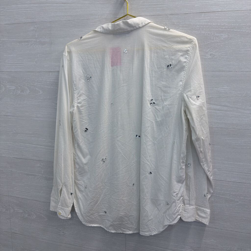 Loft White Embellished Long Sleeve Button Down Top Medium