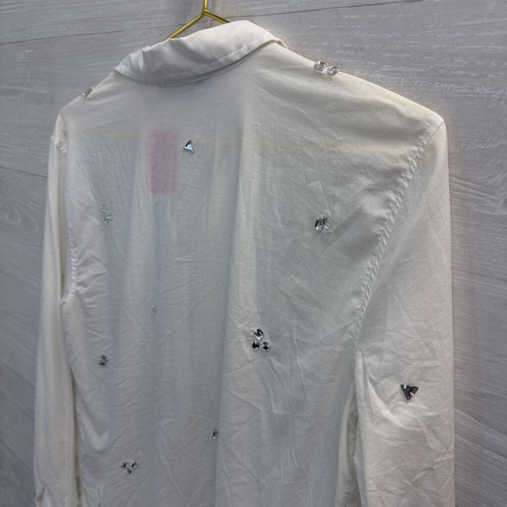 Loft White Embellished Long Sleeve Button Down Top Medium