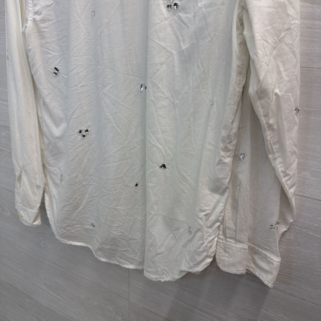 Loft White Embellished Long Sleeve Button Down Top Medium