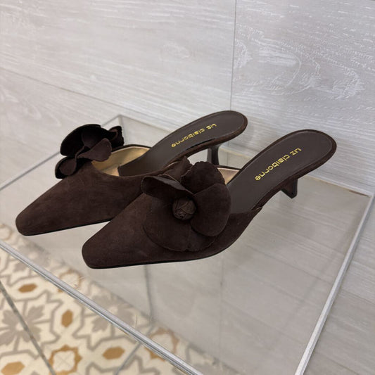 Vintage Liz Claiborne Brown Suede Floral Accent Kitten Heel Mules 6.5