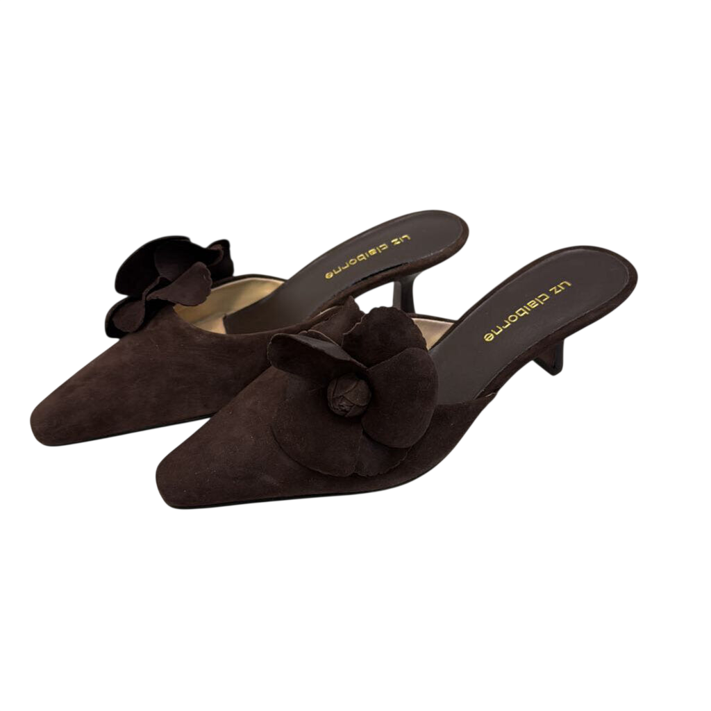Vintage Liz Claiborne Brown Suede Floral Accent Kitten Heel Mules 6.5