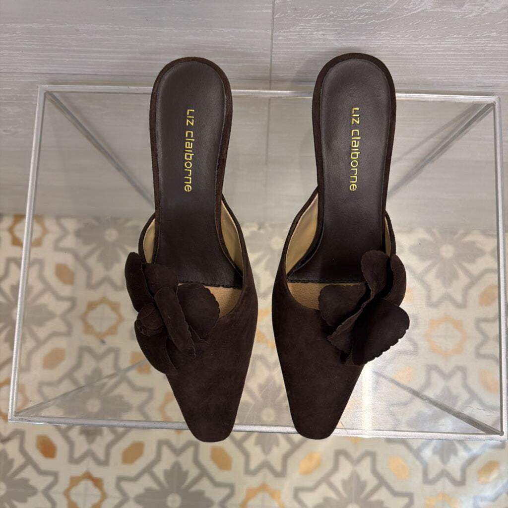 Vintage Liz Claiborne Brown Suede Floral Accent Kitten Heel Mules 6.5