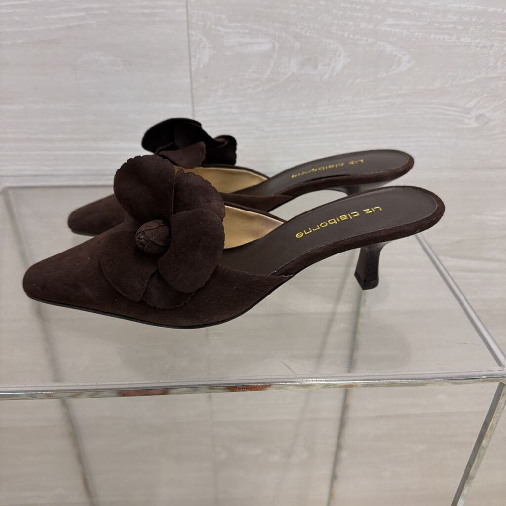 Vintage Liz Claiborne Brown Suede Floral Accent Kitten Heel Mules 6.5