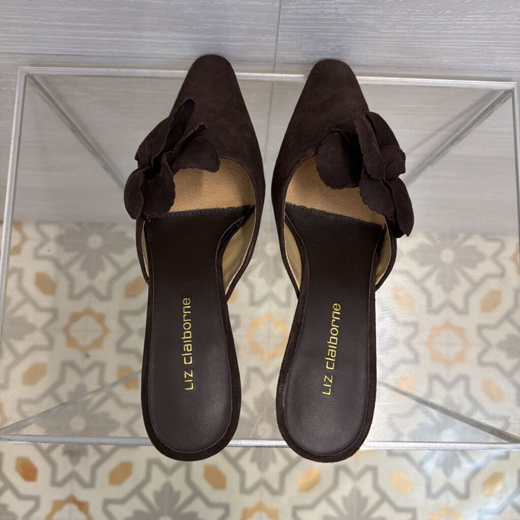 Vintage Liz Claiborne Brown Suede Floral Accent Kitten Heel Mules 6.5