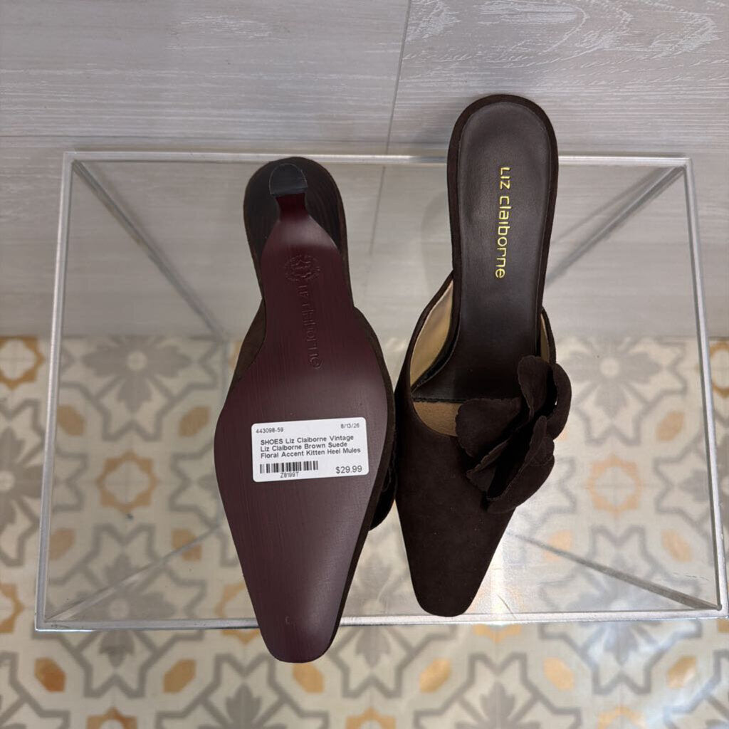Vintage Liz Claiborne Brown Suede Floral Accent Kitten Heel Mules 6.5