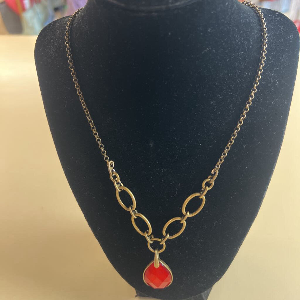 Gold/ Red Stone Pendant Necklace