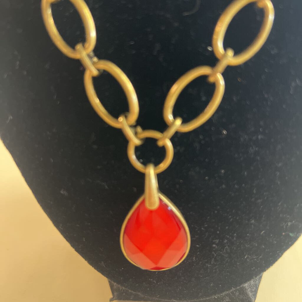 Gold/ Red Stone Pendant Necklace