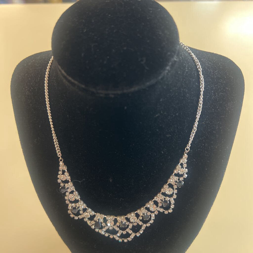 Silver Rhinestone/ Black Stone Necklace