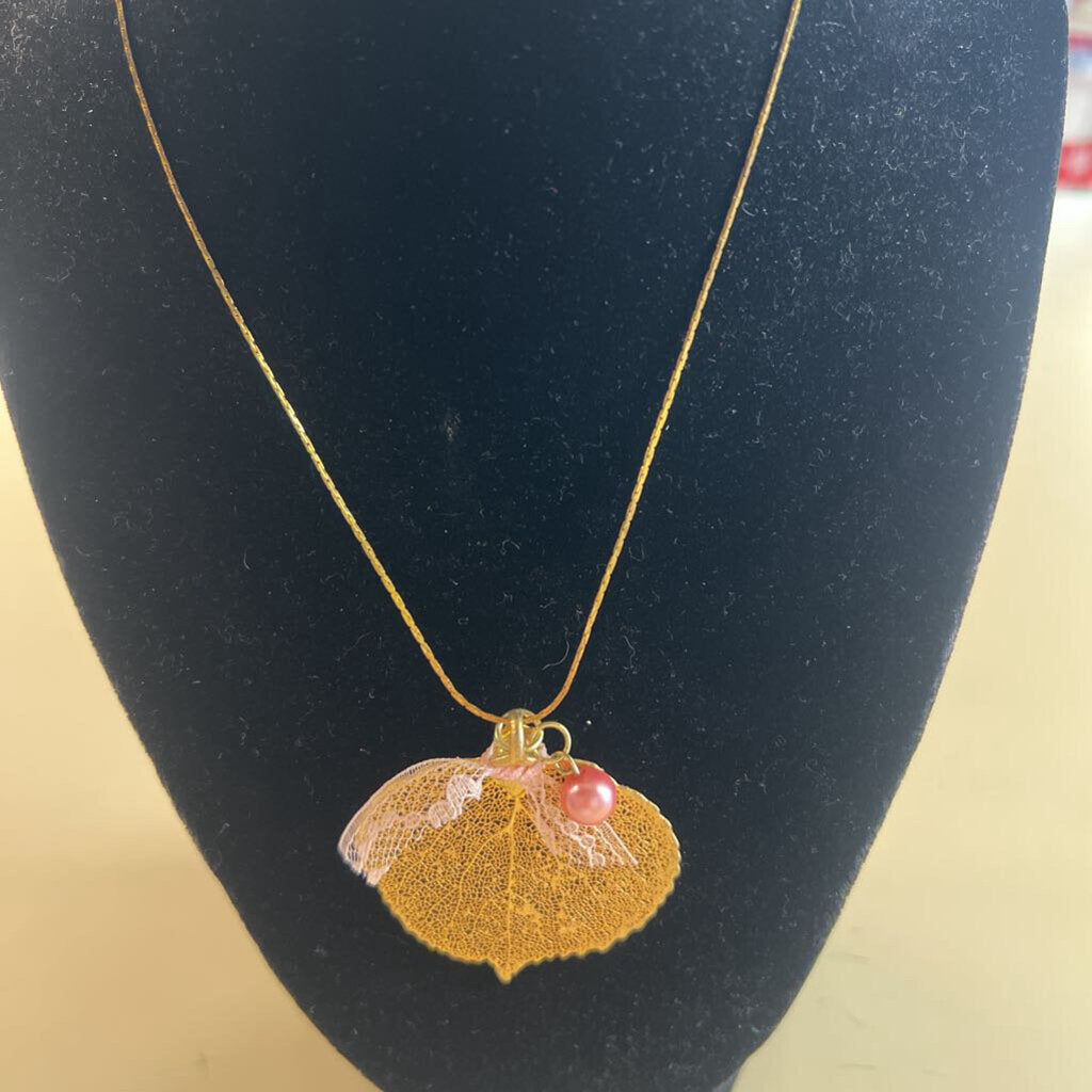 Gold Leaf Pendant Long Necklace