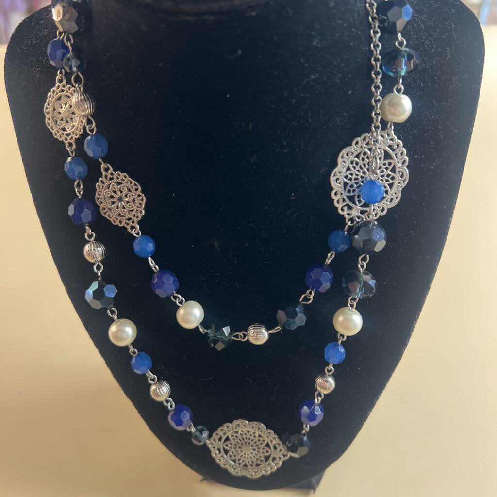 Silver/ Blue Beaded Long Necklace