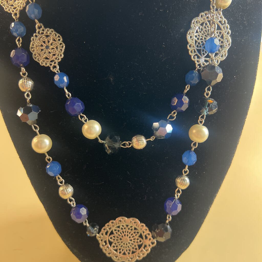 Silver/ Blue Beaded Long Necklace