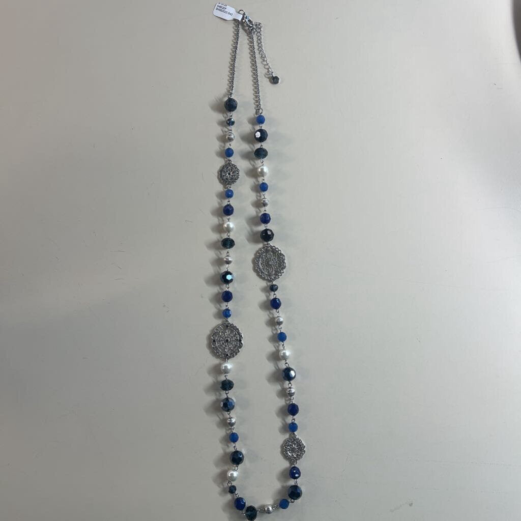Silver/ Blue Beaded Long Necklace