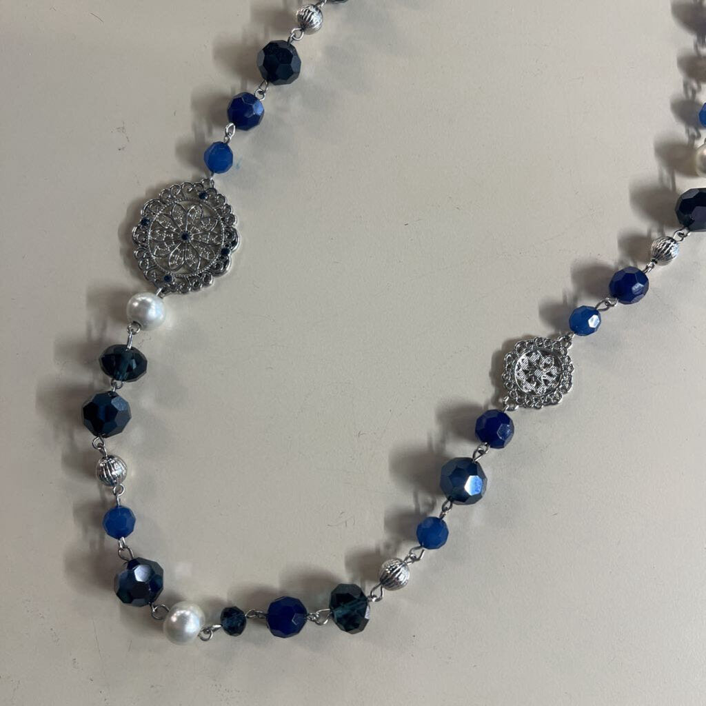 Silver/ Blue Beaded Long Necklace