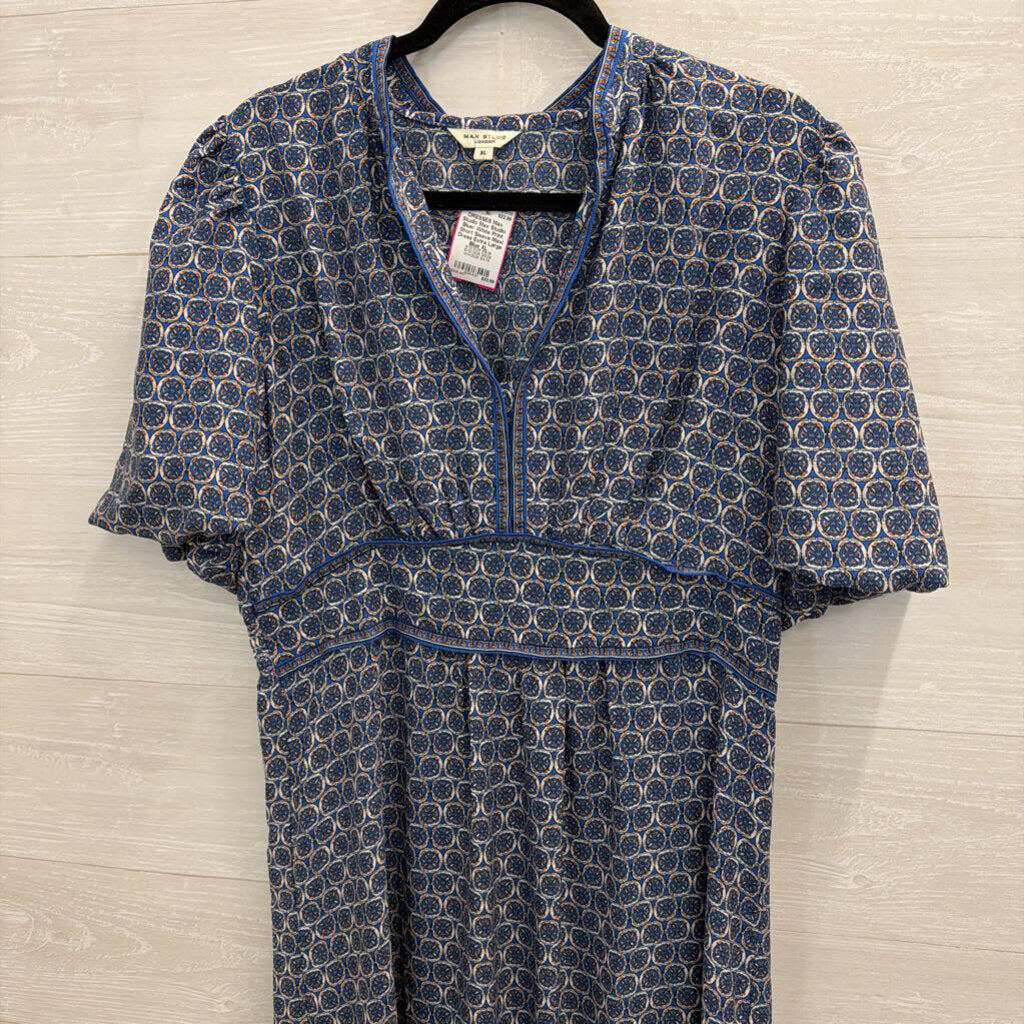Max Studio Blue/ White Print Short Sleeve Maxi Dress Extra Large