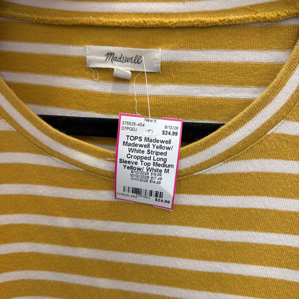 Madewell Yellow/ White Striped Cropped Long Sleeve Top Medium