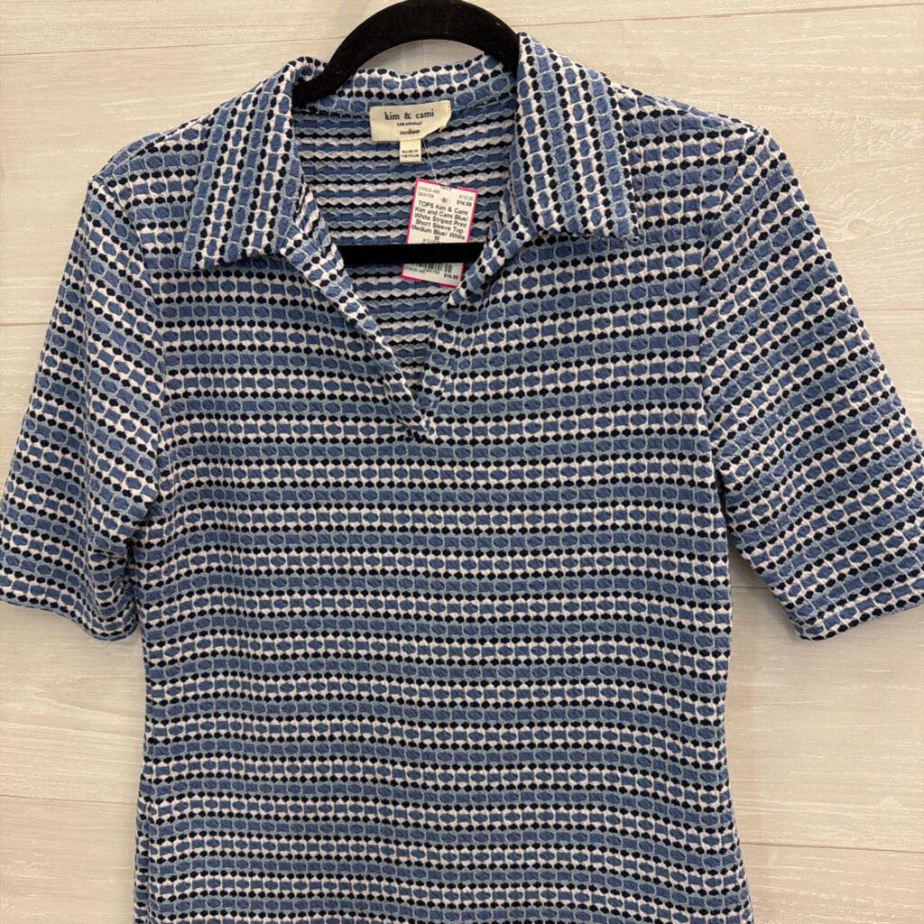 Kim and Cami Blue/ White Striped Print Short Sleeve Top Medium