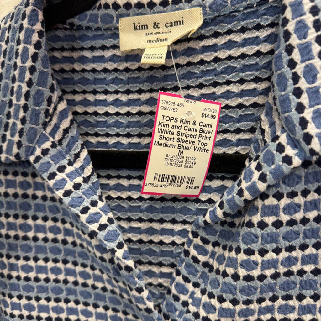 Kim and Cami Blue/ White Striped Print Short Sleeve Top Medium