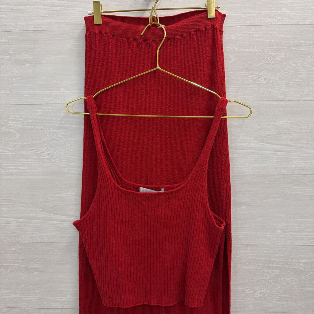 FP Beach Red Ribbed Knit Maxi Skirt/ Cropped Tank Set Large