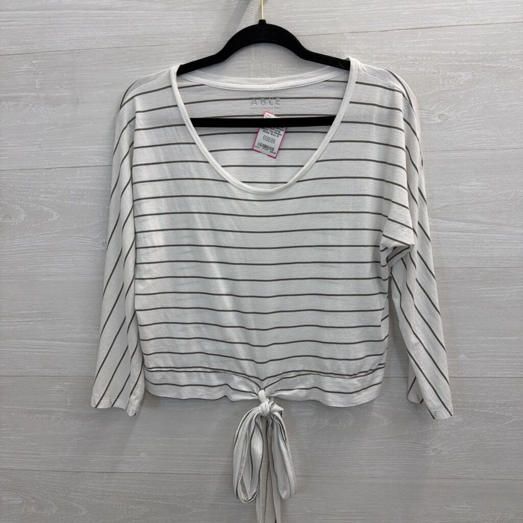 Able White/ Grey Striped Tie Front Long Sleeve Top Medium