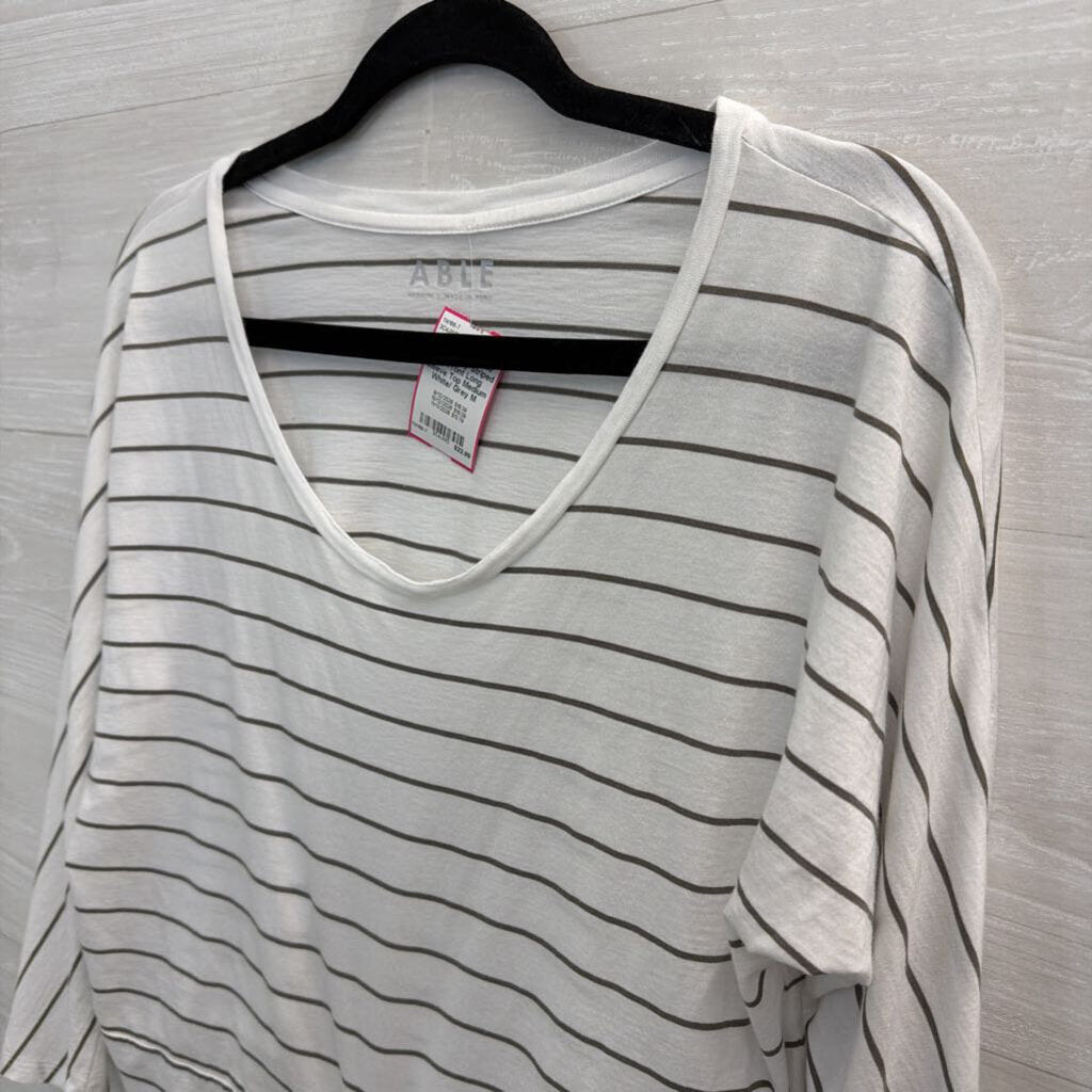 Able White/ Grey Striped Tie Front Long Sleeve Top Medium