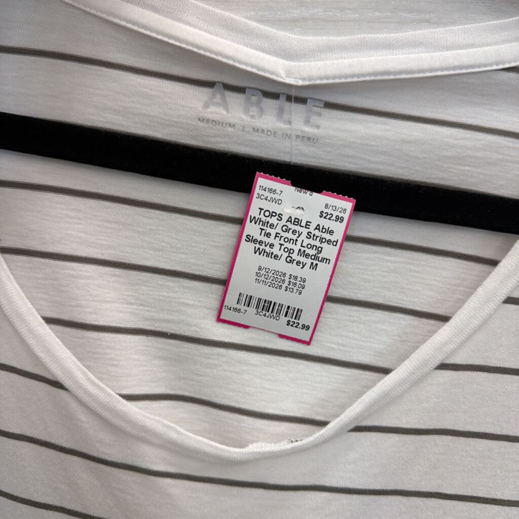 Able White/ Grey Striped Tie Front Long Sleeve Top Medium