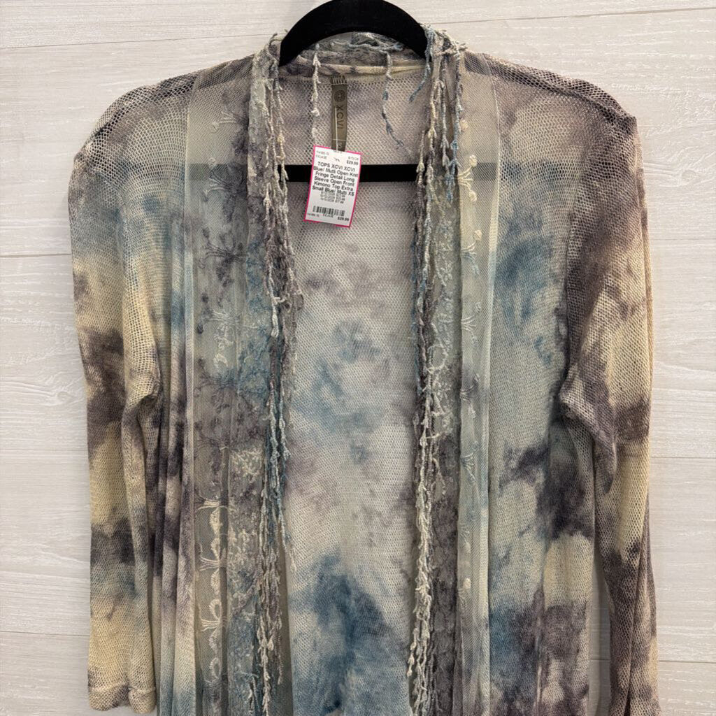 XCVI Blue/ Mutli Open Knit Fringe Detail Long Sleeve Open Front Kimono Top Extra Small