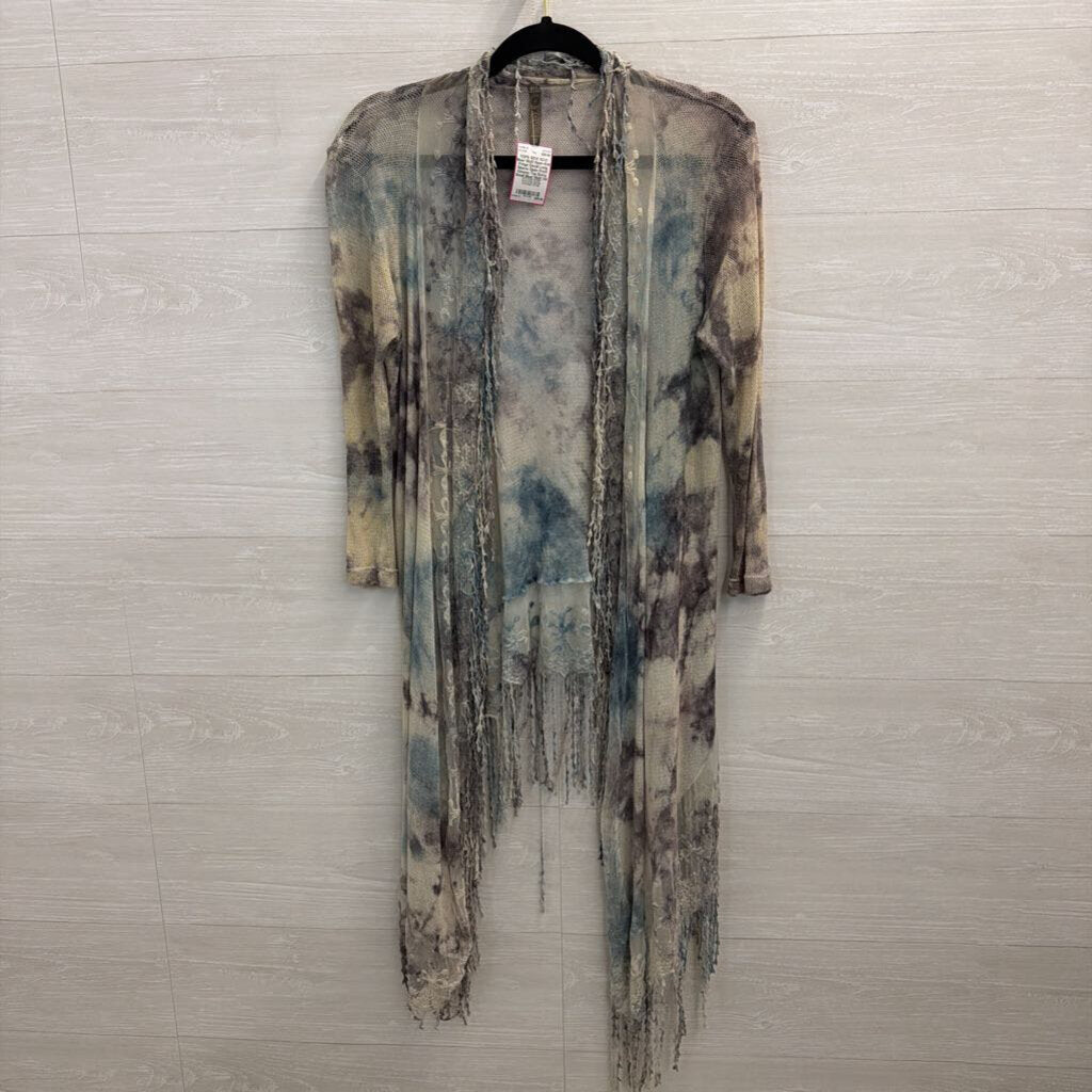 XCVI Blue/ Mutli Open Knit Fringe Detail Long Sleeve Open Front Kimono Top Extra Small