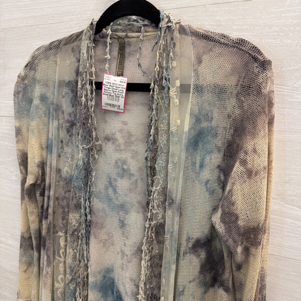 XCVI Blue/ Mutli Open Knit Fringe Detail Long Sleeve Open Front Kimono Top Extra Small