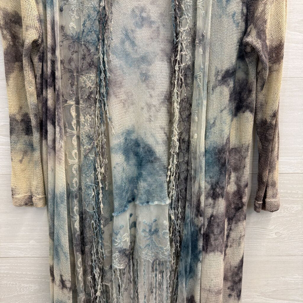 XCVI Blue/ Mutli Open Knit Fringe Detail Long Sleeve Open Front Kimono Top Extra Small