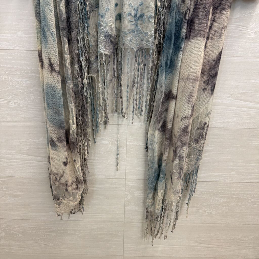 XCVI Blue/ Mutli Open Knit Fringe Detail Long Sleeve Open Front Kimono Top Extra Small