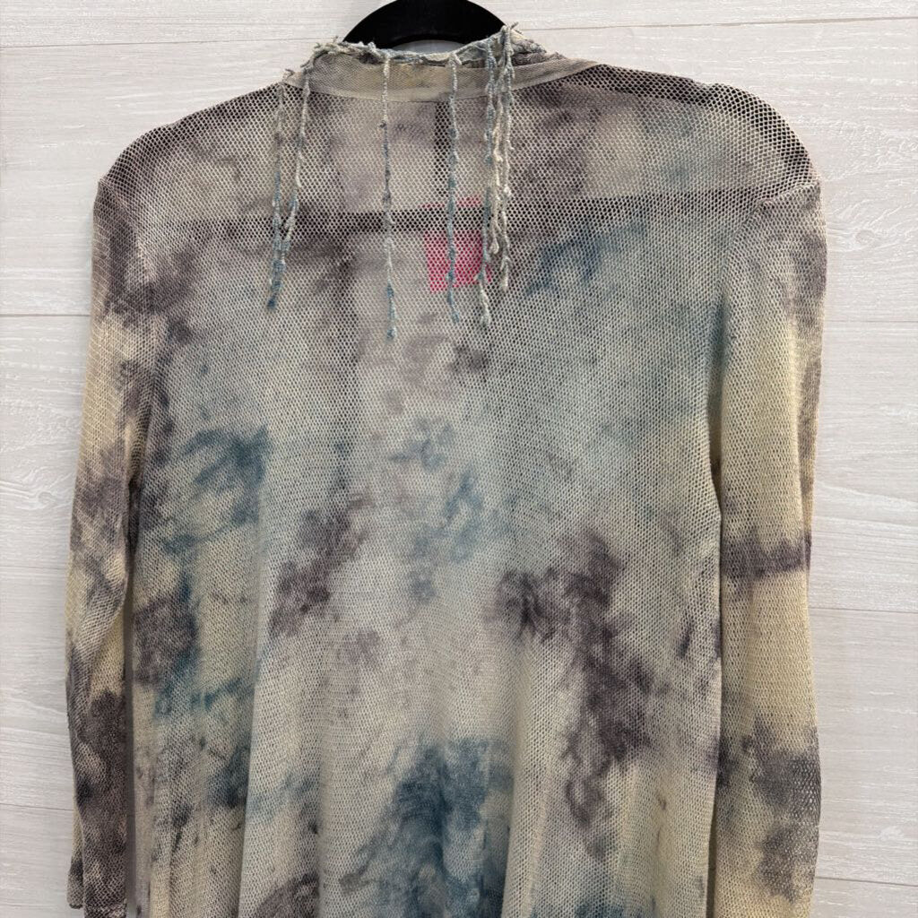 XCVI Blue/ Mutli Open Knit Fringe Detail Long Sleeve Open Front Kimono Top Extra Small