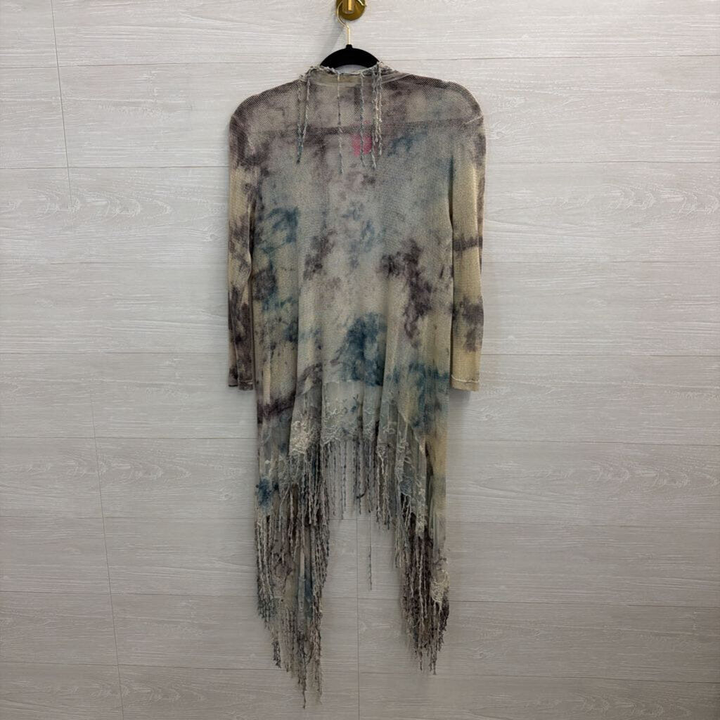 XCVI Blue/ Mutli Open Knit Fringe Detail Long Sleeve Open Front Kimono Top Extra Small
