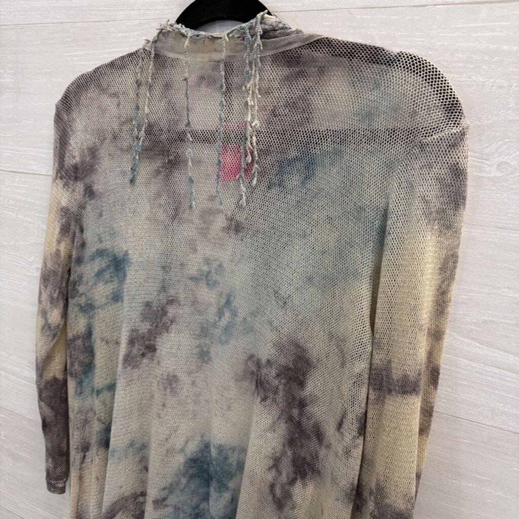 XCVI Blue/ Mutli Open Knit Fringe Detail Long Sleeve Open Front Kimono Top Extra Small