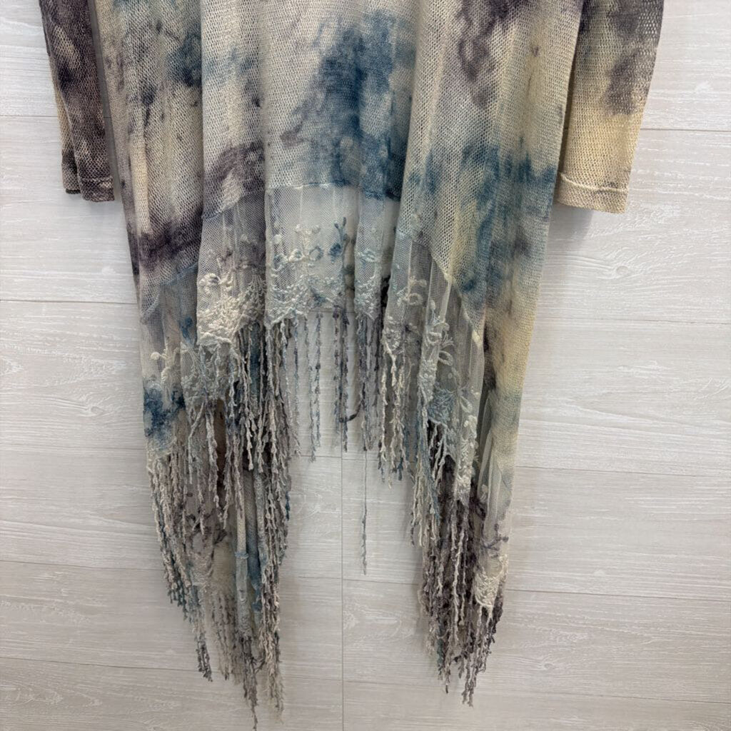 XCVI Blue/ Mutli Open Knit Fringe Detail Long Sleeve Open Front Kimono Top Extra Small