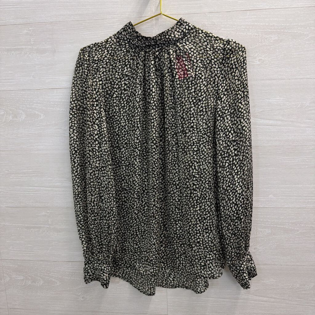 Black/ White Floral Print Long Sleeve Mock Neck Top Large