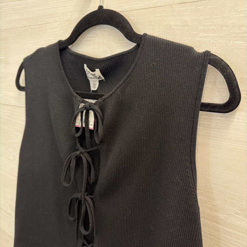Future Collection Black Knit Tie Front Sleeveless Top Large