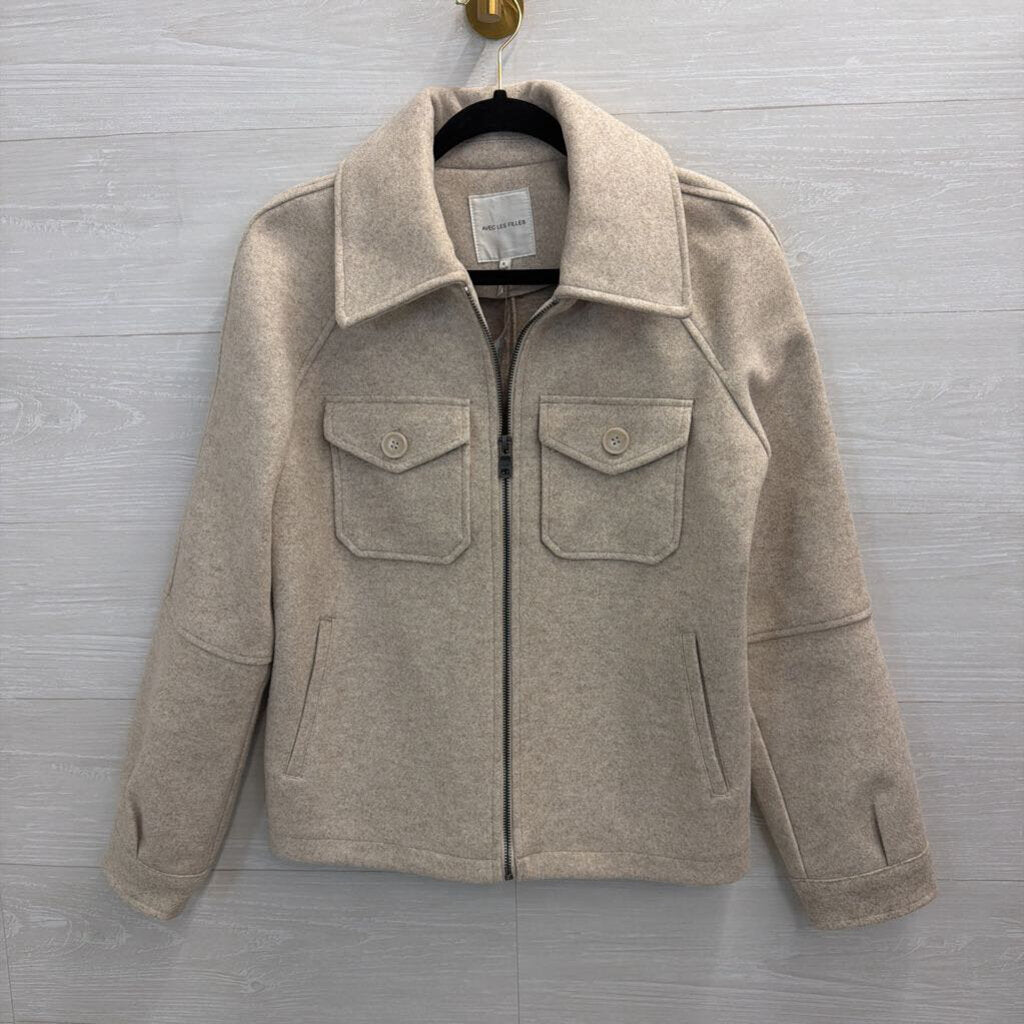 Avec Les Filles Beige Zip Up Boxy Jacket Small