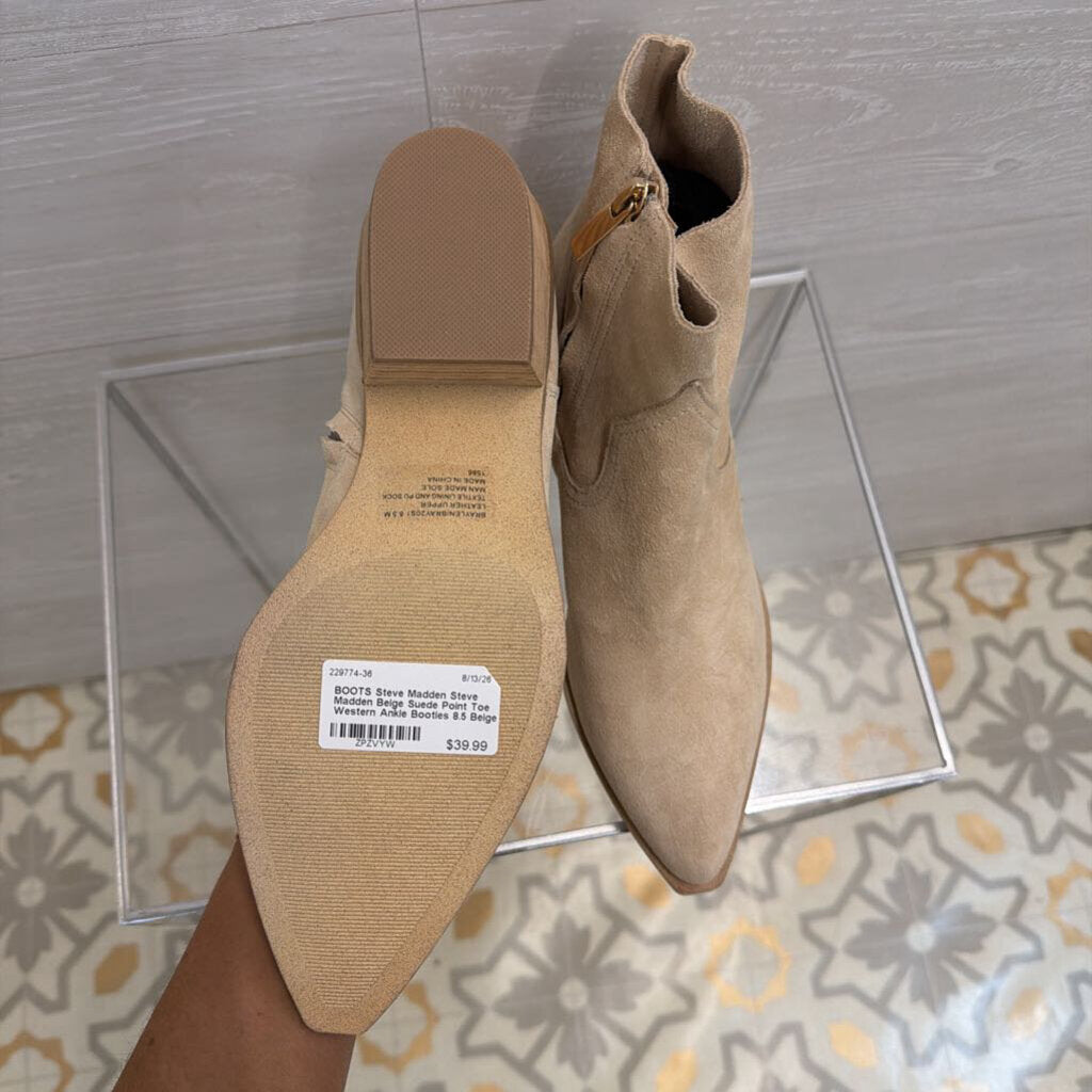 Steve Madden Beige Suede Point Toe Western Ankle Booties 8.5