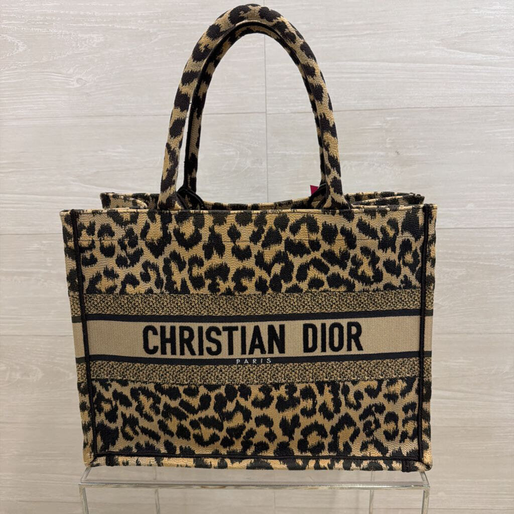 Christian Dior Brown/ Black Embroidered Canvas Mizza Leopard Book Tote Purse