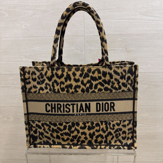 Christian Dior Brown/ Black Embroidered Canvas Mizza Leopard Book Tote Purse