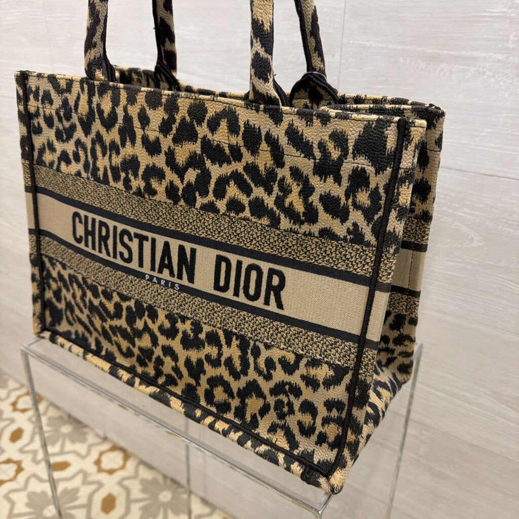 Christian Dior Brown/ Black Embroidered Canvas Mizza Leopard Book Tote Purse