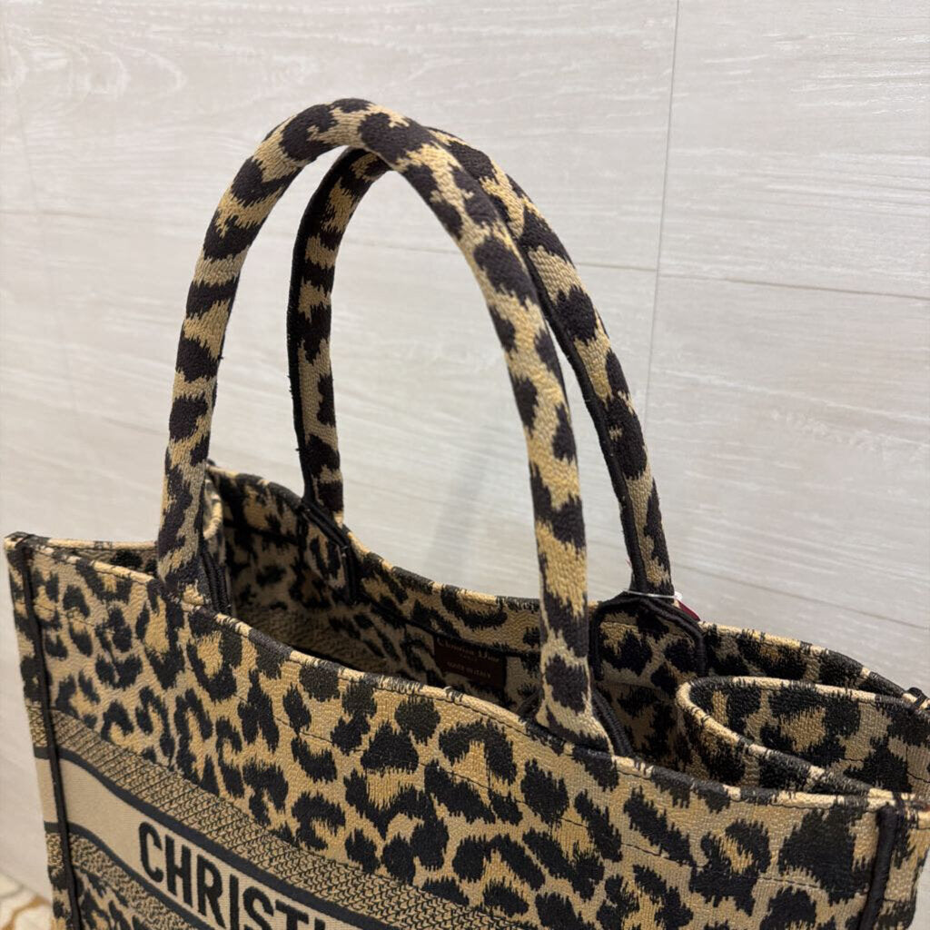 Christian Dior Brown/ Black Embroidered Canvas Mizza Leopard Book Tote Purse