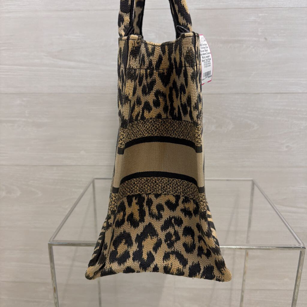 Christian Dior Brown/ Black Embroidered Canvas Mizza Leopard Book Tote Purse