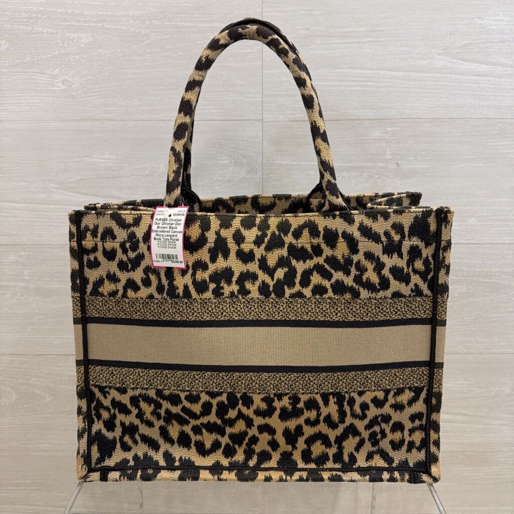 Christian Dior Brown/ Black Embroidered Canvas Mizza Leopard Book Tote Purse