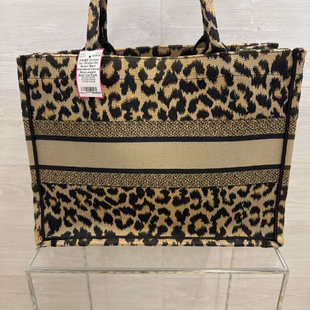 Christian Dior Brown/ Black Embroidered Canvas Mizza Leopard Book Tote Purse