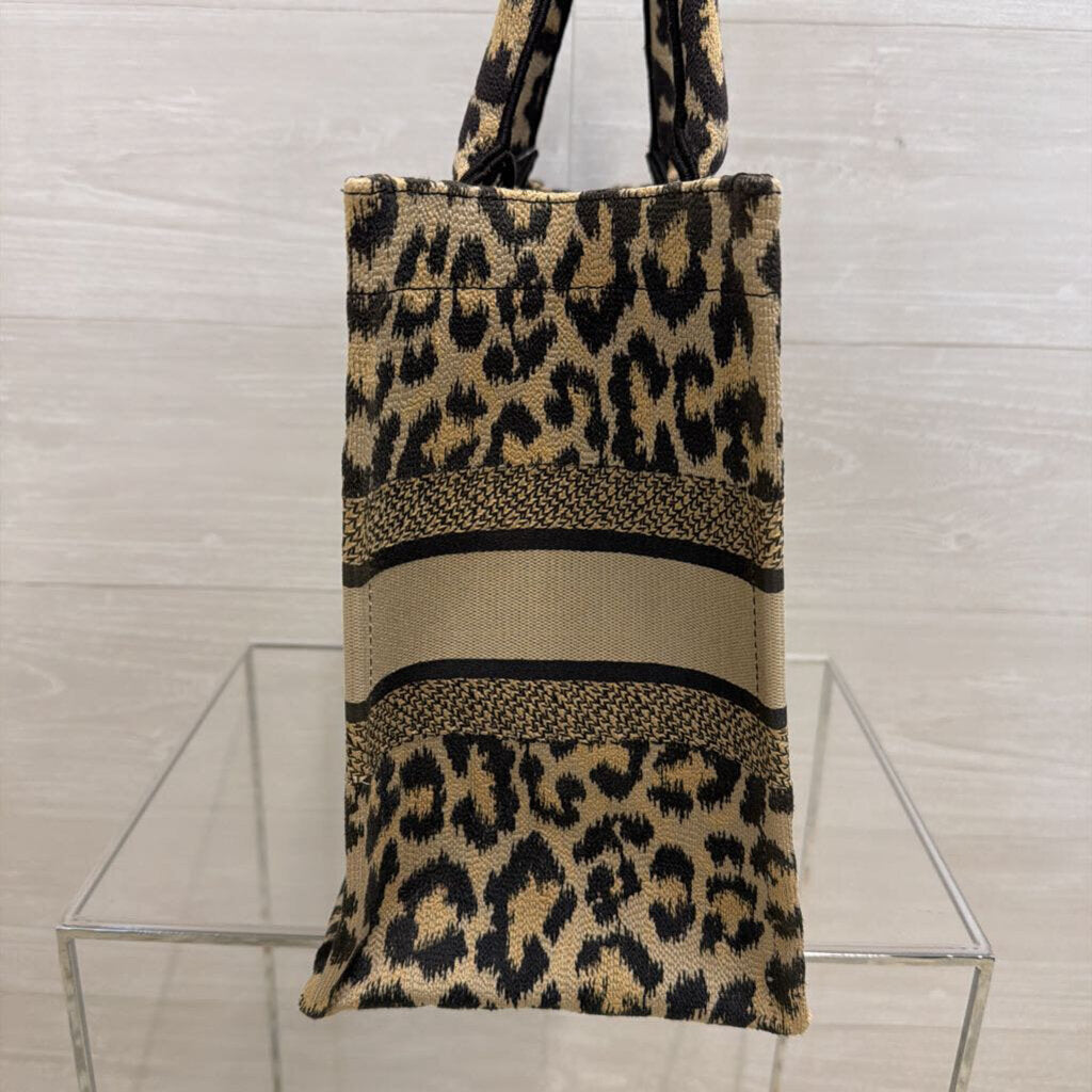 Christian Dior Brown/ Black Embroidered Canvas Mizza Leopard Book Tote Purse