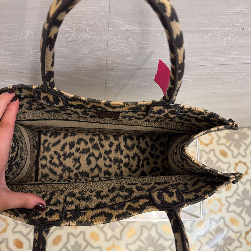 Christian Dior Brown/ Black Embroidered Canvas Mizza Leopard Book Tote Purse